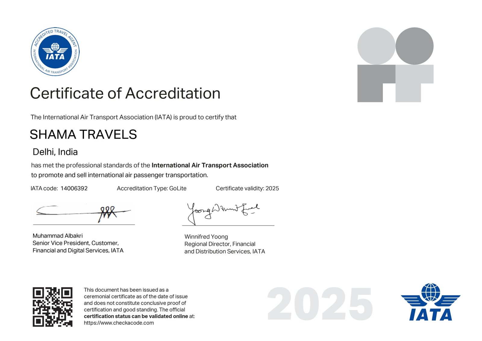 Shama Travels Certificate