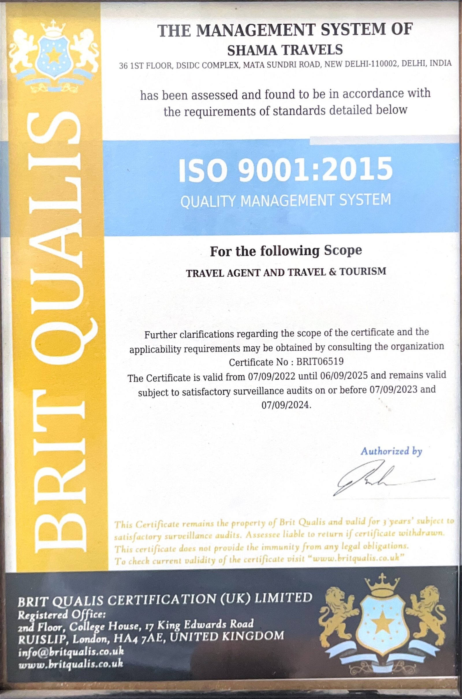 Shama Travels Certificate