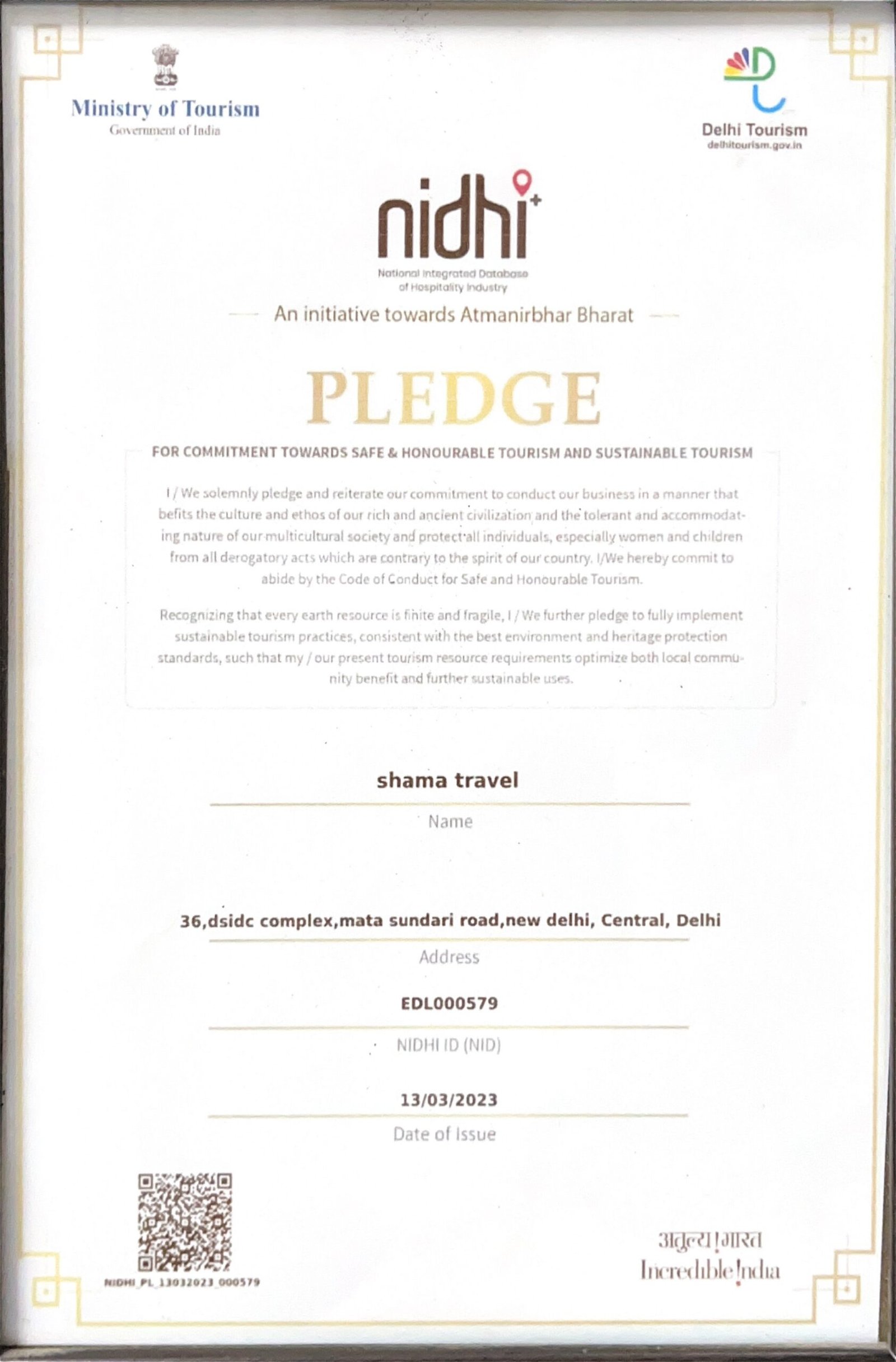 Shama Travels Certificate